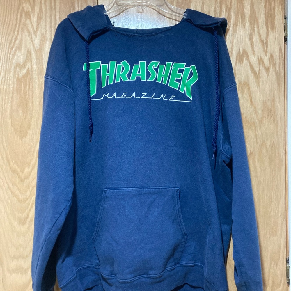 Thrasher Navy Hoodie with Green Logo